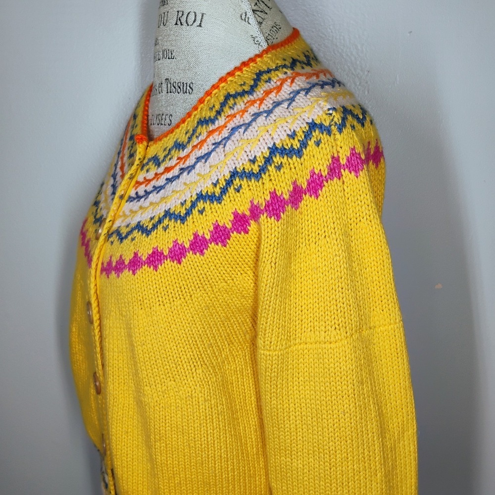 Sundance Cardigan Sweater Womens M Wool Cashmere Blend Yellow Fair Isle Nordic - Picture 4 of 9
